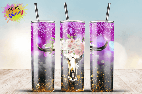 Bull Skull Floral Colorfull Glitter 20oz