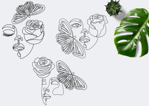 Floral Face Line Art, Butterfly Woman