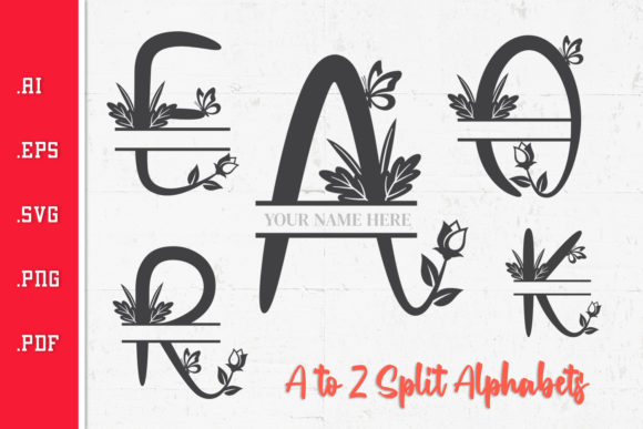 Floral Split Alphabet Set A to Z SVG
