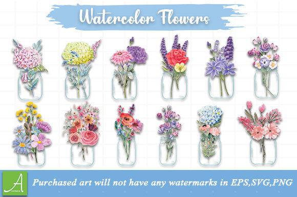 Flowers Watercolor, Floral Mason Jars