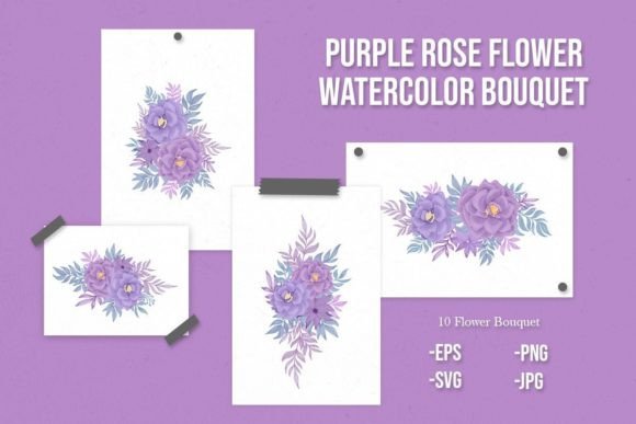 Purple Rose Flower Watercolor Bouquet